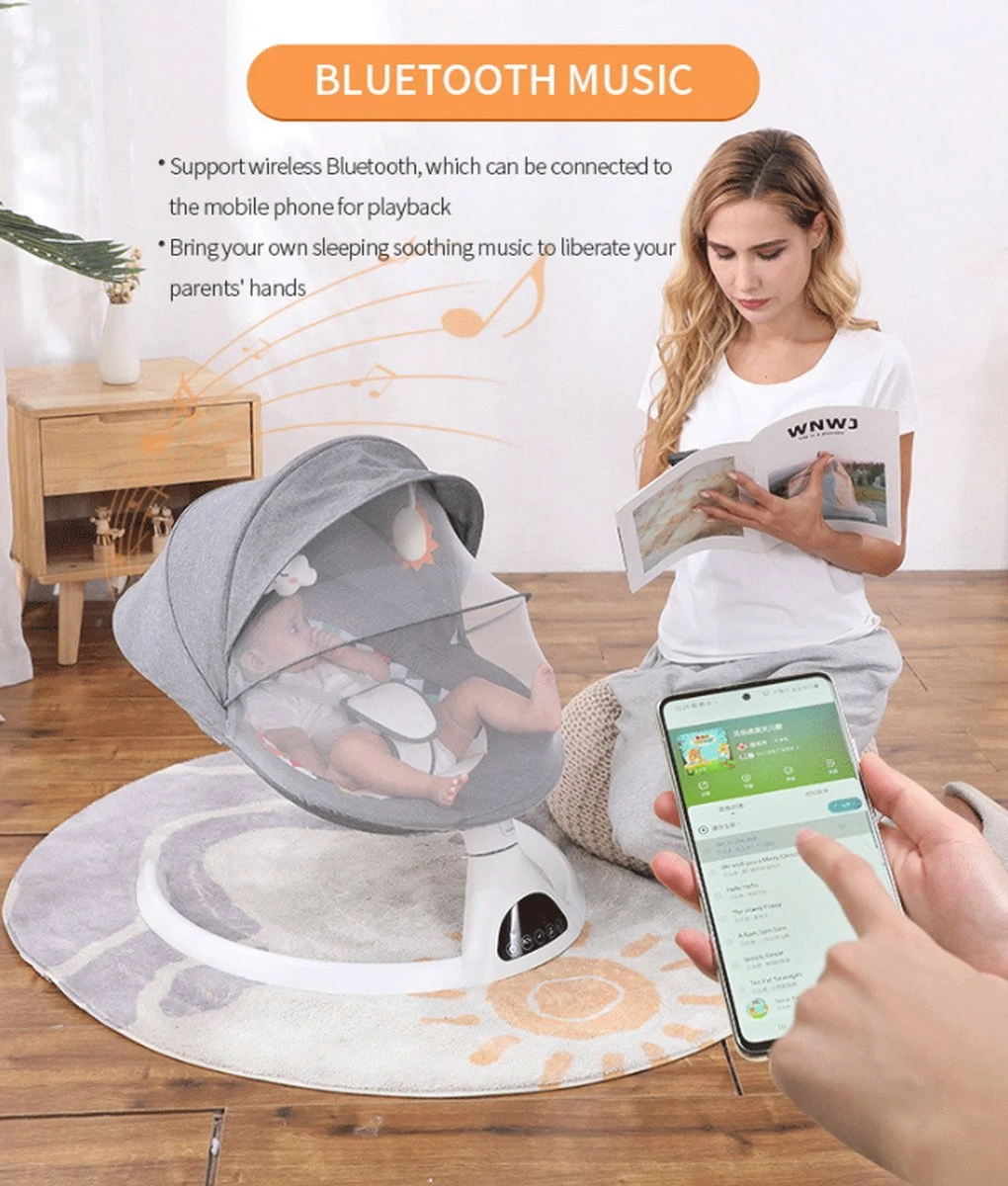 Tissy® Elektrisch Wipstoel - Baby Schommelstoel - Elektrische Babyschommel - Babyswing - Wipstoeltjes Voor Baby Met Klamboe Bluetooth Muziek Grijs 14 Tissy® Elektrisch Wipstoel - Baby Schommelstoel - Elektrische Babyschommel - Babyswing - Wipstoeltjes Voor Baby Met Klamboe Bluetooth Muziek Grijs - Afbeelding 12