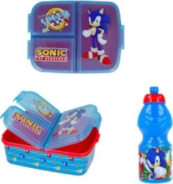 Star Sonic 3 Compartimenten Brooddoos (18 Cm - 14 Cm - 6 Cm) + Drinkfles (18 Cm Hoog - 400 Ml)