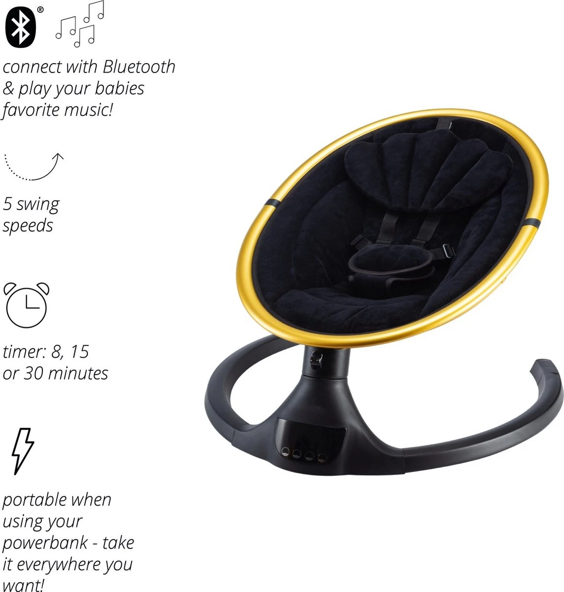 X Adventure Wipstoel Elektrisch Rocco / Schommelstoel Met Bluetoothfunctie & Afstandsbediening- Velvet Black & Gold 4 X Adventure Wipstoel Elektrisch Rocco / Schommelstoel Met Bluetoothfunctie & Afstandsbediening- Velvet Black & Gold - Afbeelding 2