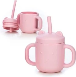 FreeON Siliconen Drinkbeker Met Rietje En Handgrepen - Rietjesbeker Voor Baby - Peuter En Kleuter - Kitty - Roze
