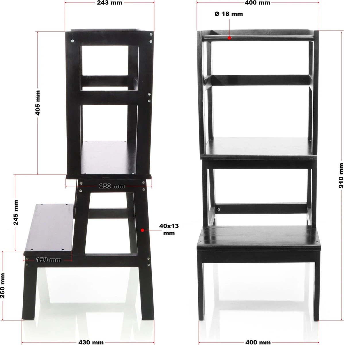 Toboli Leertoren, Leerstoel Zwart Van Hout 43x40x91cm Kinderstoel Met Reling, Kinderkruk, Keukenkruk, Stakruk - Multistrobe 5 Toboli Leertoren, Leerstoel Zwart Van Hout 43x40x91cm Kinderstoel Met Reling, Kinderkruk, Keukenkruk, Stakruk - Multistrobe - Afbeelding 3