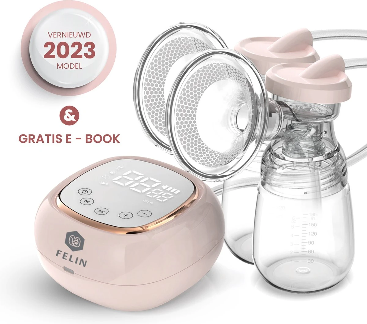 Felin Borstkolf - Dubbele Elektrische Kolf - Oplaadbare Accu - Inclusief 2x180 Ml Babyfles, Speen & E-Book 3 Felin Borstkolf - Dubbele Elektrische Kolf - Oplaadbare Accu - Inclusief 2x180 Ml Babyfles, Speen & E-Book