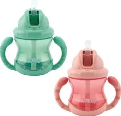 Nûby - Flip-It Antilekbeker Met Handvatten - 2-pack - Roze & Groen - 240ml - 12m+