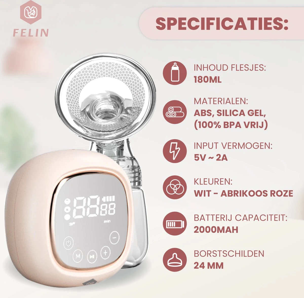 Felin Borstkolf - Dubbele Elektrische Kolf - Oplaadbare Accu - Inclusief 2x180 Ml Babyfles, Speen & E-Book 4 Felin Borstkolf - Dubbele Elektrische Kolf - Oplaadbare Accu - Inclusief 2x180 Ml Babyfles, Speen & E-Book - Afbeelding 2