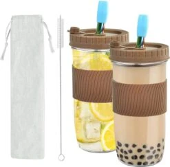 Merkloos Set Van 2 Bubble Tea Bekers 750 Ml Drinkglazen Met Spatwaterdicht Deksel En Rietje, Reinigingsborstel, Herbruikbare Mason Jars, Cocktailglas, Mok Voor Dranken, Milkshakes, Sappen -Stokke Verkoop 1200x1179 5