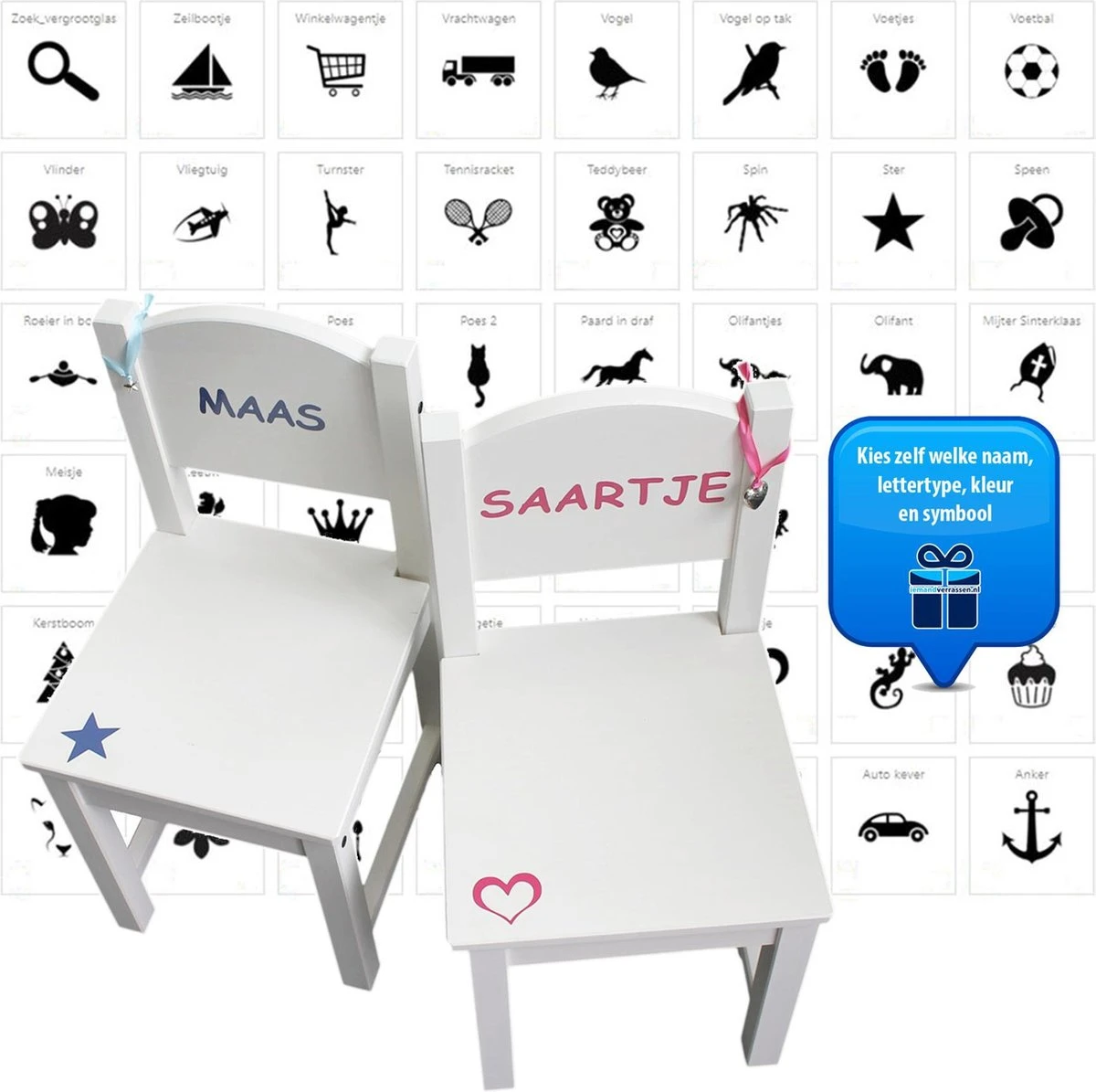 Stoeltje Met (eigen) Naam En Symbool Naar Keuze | Geboortestoeltje | Kinderstoeltje | Compleet Gemonteerd 3 Stoeltje Met (eigen) Naam En Symbool Naar Keuze | Geboortestoeltje | Kinderstoeltje | Compleet Gemonteerd