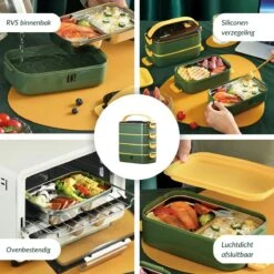 Buxibo - Multifunctionele Stapelbare Lunch Box - Bento Box - Lekvrije Voedsel Container Met Handvat - 4-Laags - Anti - Overflow - Geïsoleerde Maaltijd Box Voor Werk/Kantoor/School - Roestvrijstaal - Groen - 2800ML -Stokke Verkoop 1200x1200 1186