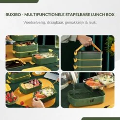 Buxibo - Multifunctionele Stapelbare Lunch Box - Bento Box - Lekvrije Voedsel Container Met Handvat - 4-Laags - Anti - Overflow - Geïsoleerde Maaltijd Box Voor Werk/Kantoor/School - Roestvrijstaal - Groen - 2800ML -Stokke Verkoop 1200x1200 1187