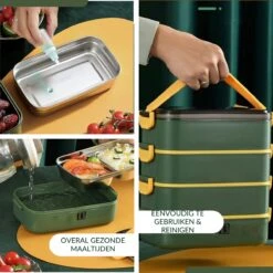 Buxibo - Multifunctionele Stapelbare Lunch Box - Bento Box - Lekvrije Voedsel Container Met Handvat - 4-Laags - Anti - Overflow - Geïsoleerde Maaltijd Box Voor Werk/Kantoor/School - Roestvrijstaal - Groen - 2800ML -Stokke Verkoop 1200x1200 1189
