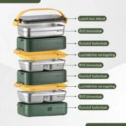 Buxibo - Multifunctionele Stapelbare Lunch Box - Bento Box - Lekvrije Voedsel Container Met Handvat - 4-Laags - Anti - Overflow - Geïsoleerde Maaltijd Box Voor Werk/Kantoor/School - Roestvrijstaal - Groen - 2800ML -Stokke Verkoop 1200x1200 1193