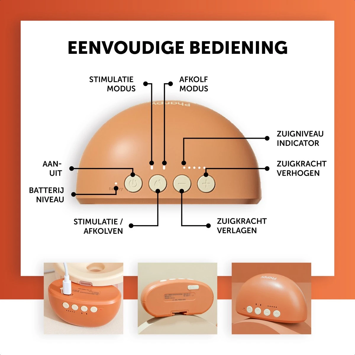 Phanpy Handsfree Elektrische Borstkolf - Draadloos - Enkelvoudig - Oranje 6 Phanpy Handsfree Elektrische Borstkolf - Draadloos - Enkelvoudig - Oranje - Afbeelding 4