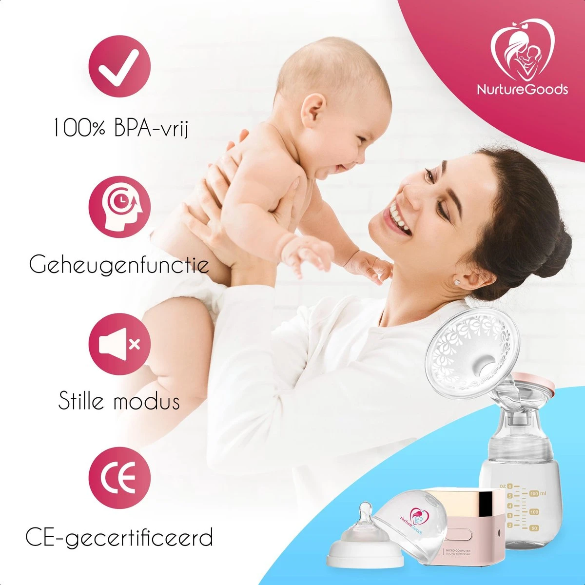 NurtureGoods Smart Dubbele Elektrische Borstkolf - Inclusief 2x180 Ml Babyfles, Kolfdagboek En Speen 7 NurtureGoods Smart Dubbele Elektrische Borstkolf - Inclusief 2x180 Ml Babyfles, Kolfdagboek En Speen - Afbeelding 5