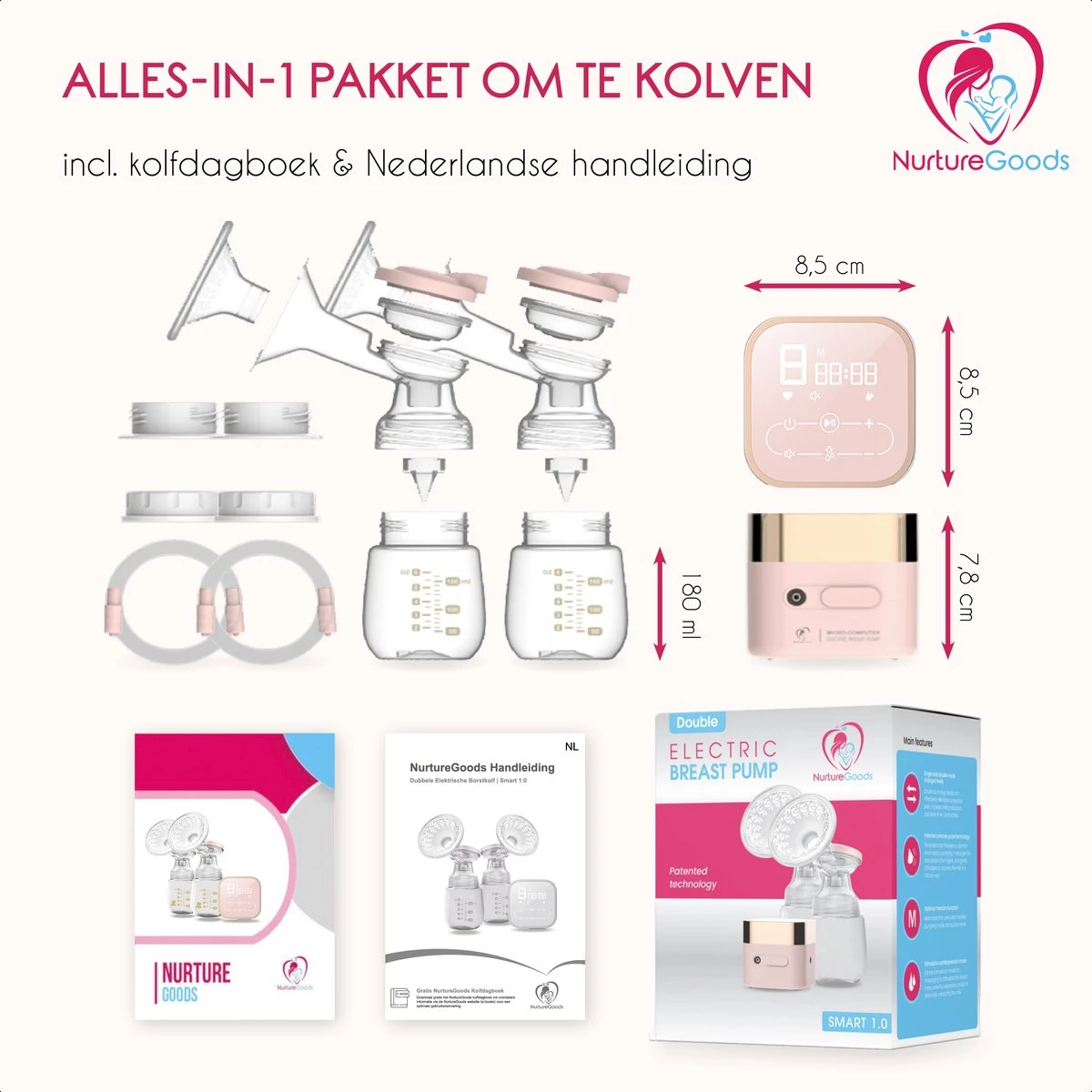 NurtureGoods Smart Dubbele Elektrische Borstkolf - Inclusief 2x180 Ml Babyfles, Kolfdagboek En Speen 10 NurtureGoods Smart Dubbele Elektrische Borstkolf - Inclusief 2x180 Ml Babyfles, Kolfdagboek En Speen - Afbeelding 8