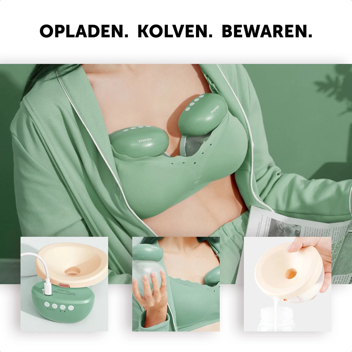 Phanpy Handsfree Elektrische Borstkolf - Draadloos - Enkelvoudig - Groen 10 Phanpy Handsfree Elektrische Borstkolf - Draadloos - Enkelvoudig - Groen - Afbeelding 8