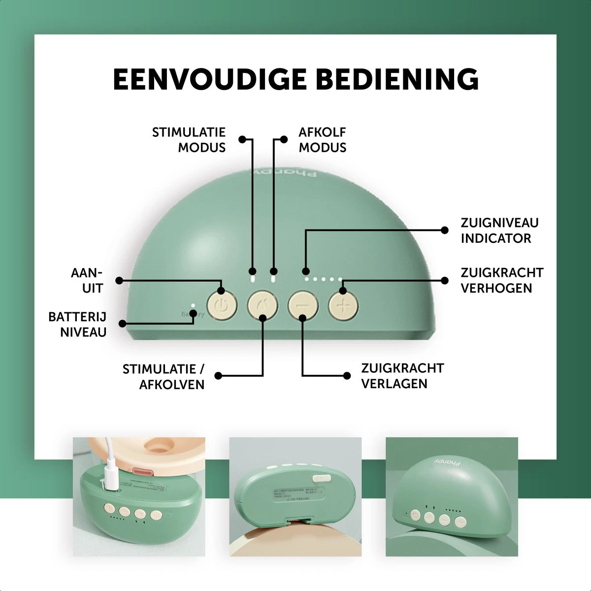 Phanpy Handsfree Elektrische Borstkolf - Draadloos - Enkelvoudig - Groen 12 Phanpy Handsfree Elektrische Borstkolf - Draadloos - Enkelvoudig - Groen - Afbeelding 10