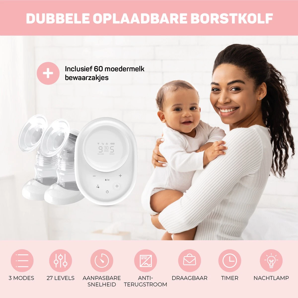 Vulpes BabyCare® Borstkolf Kolfapparaat - Dubbele Elektrische Borstkolf Met Nachtlamp - Oplaadbare Accu - Draagbaar - BPA-Vrij - Incl. 60 Moedermelkbewaarzakjes - PRO Versie 5 Vulpes BabyCare® Borstkolf Kolfapparaat - Dubbele Elektrische Borstkolf Met Nachtlamp - Oplaadbare Accu - Draagbaar - BPA-Vrij - Incl. 60 Moedermelkbewaarzakjes - PRO Versie - Afbeelding 3