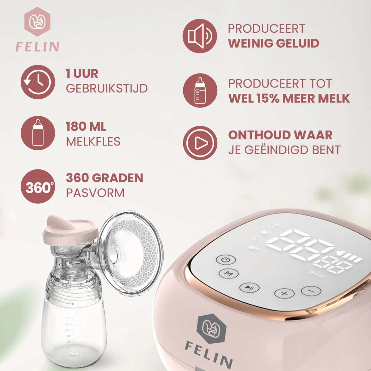 Felin Borstkolf - Dubbele Elektrische Kolf - Oplaadbare Accu - Inclusief 2x180 Ml Babyfles, Speen & E-Book 6 Felin Borstkolf - Dubbele Elektrische Kolf - Oplaadbare Accu - Inclusief 2x180 Ml Babyfles, Speen & E-Book - Afbeelding 4