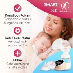 NurtureGoods Dual Efficient Borstkolf - Smart 3.0 - Vernieuwd 2023 Model - Draadloze Dubbele Elektrische Borstkolf - Oplaadbare Accu - Inclusief 2x180 Ml Babyfles, Kolfdagboek En Speen -Stokke Verkoop 1200x1200 1596