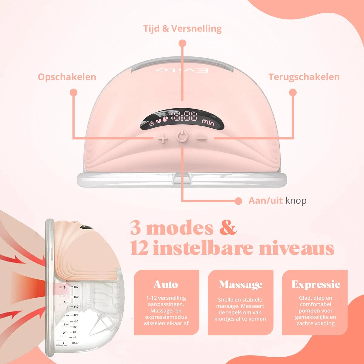 Evite Elektrische Draadloze Borstkolf – Handsfree & Draagbaar – BPA-Vrij – Dubbele Borstkolf – Met E-Book - Roze 5 Evite Elektrische Draadloze Borstkolf – Handsfree & Draagbaar – BPA-Vrij – Dubbele Borstkolf – Met E-Book - Roze - Afbeelding 3