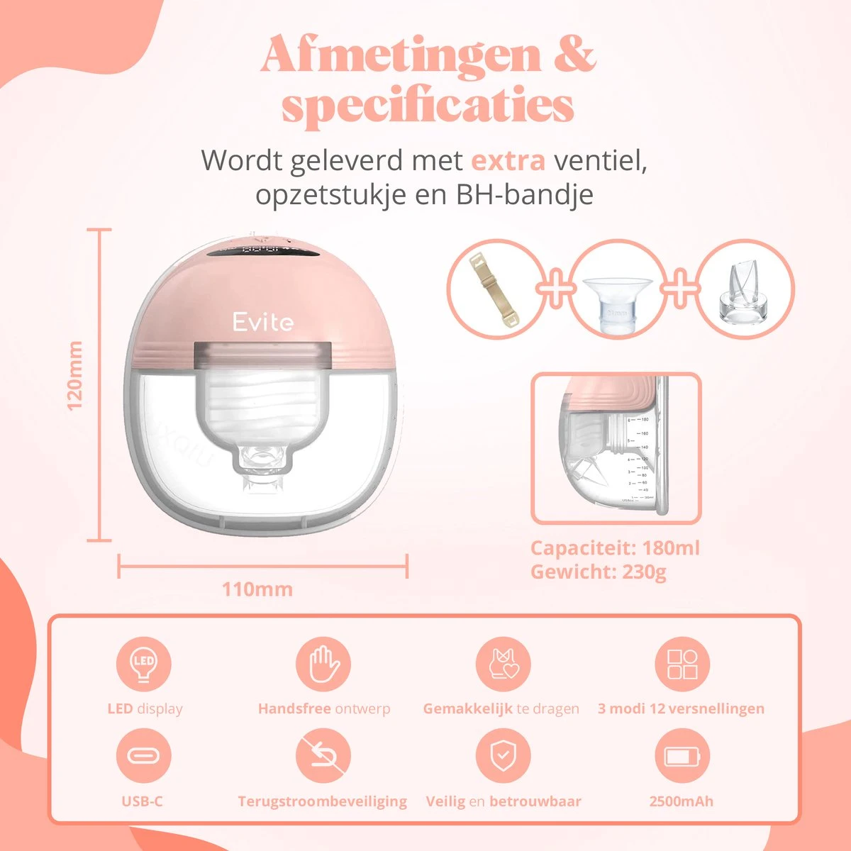 Evite Elektrische Draadloze Borstkolf – Handsfree & Draagbaar – BPA-Vrij – Dubbele Borstkolf – Met E-Book - Roze 11 Evite Elektrische Draadloze Borstkolf – Handsfree & Draagbaar – BPA-Vrij – Dubbele Borstkolf – Met E-Book - Roze - Afbeelding 9