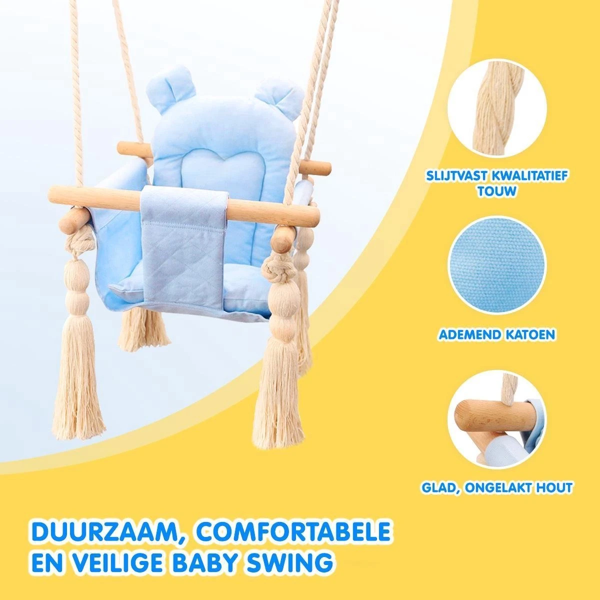 Melvy® - Baby Schommel Peekaboo – Blauw – Baby Swing – Schommelstoel Baby – Baby Schommel Buiten – Baby Schommelstoel – Babyzitje – Stof – Hout – Incl. Zacht Kussen & Bevestigingsmateriaal 5 Melvy® - Baby Schommel Peekaboo – Blauw – Baby Swing – Schommelstoel Baby – Baby Schommel Buiten – Baby Schommelstoel – Babyzitje – Stof – Hout – Incl. Zacht Kussen & Bevestigingsmateriaal - Afbeelding 3