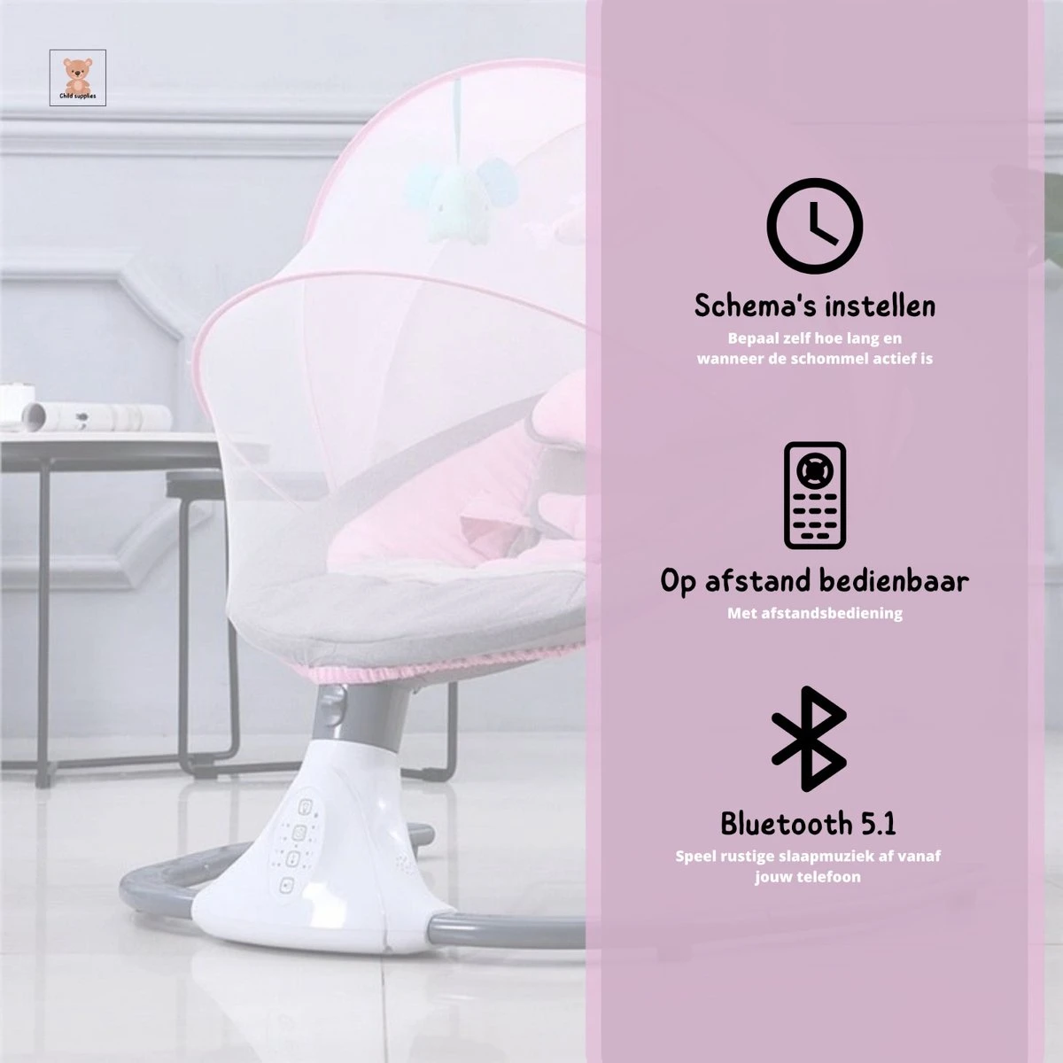 Baby Wieg | Elektrische Baby Wieg | Elektrische Wipstoel | Schommelstoel Baby | Bluetooth | Afstandsbediening - Blauw 9 Baby Wieg | Elektrische Baby Wieg | Elektrische Wipstoel | Schommelstoel Baby | Bluetooth | Afstandsbediening - Blauw - Afbeelding 7