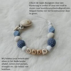 Babybeads - Speenkoord Met Naam - Donkerblauw Met Grijs - Gepersonaliseerd Kraamcadeau