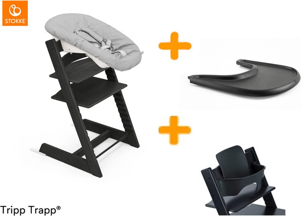Stokke Tripp Trapp Kinderstoel + Newbornset + Tray - Zwart + Babyset!! 3 Stokke Tripp Trapp Kinderstoel + Newbornset + Tray - Zwart + Babyset!!