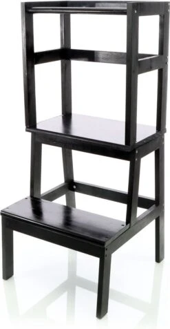 Toboli Leertoren, Leerstoel Zwart Van Hout 43x40x91cm Kinderstoel Met Reling, Kinderkruk, Keukenkruk, Stakruk - Multistrobe