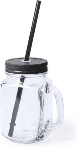 Merkloos Bellatio Design Mason Jar Drinkfles Met Rietje - 500ml - Glas - Zwart - 2 Stuks -Stokke Verkoop 629x1200 1