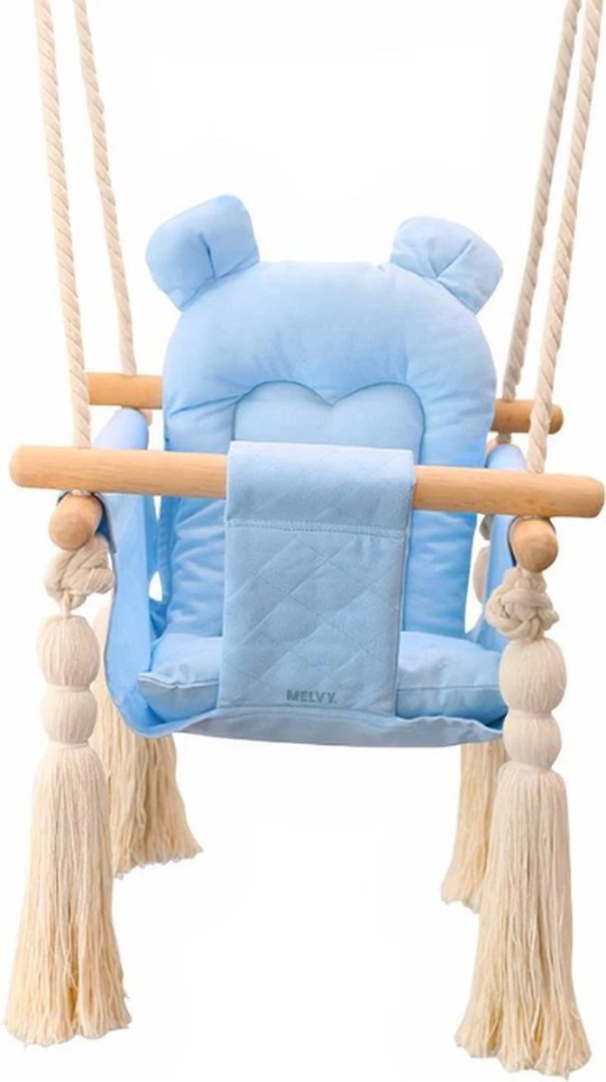 Melvy® - Baby Schommel Peekaboo – Blauw – Baby Swing – Schommelstoel Baby – Baby Schommel Buiten – Baby Schommelstoel – Babyzitje – Stof – Hout – Incl. Zacht Kussen & Bevestigingsmateriaal 3 Melvy® - Baby Schommel Peekaboo – Blauw – Baby Swing – Schommelstoel Baby – Baby Schommel Buiten – Baby Schommelstoel – Babyzitje – Stof – Hout – Incl. Zacht Kussen & Bevestigingsmateriaal