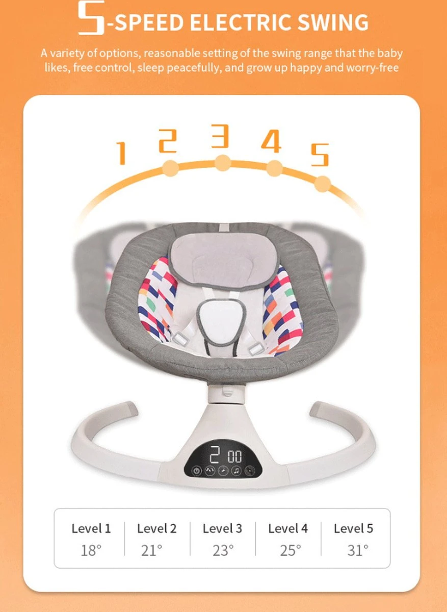 Tissy® Elektrisch Wipstoel - Baby Schommelstoel - Elektrische Babyschommel - Babyswing - Wipstoeltjes Voor Baby Met Klamboe Bluetooth Muziek Grijs 11 Tissy® Elektrisch Wipstoel - Baby Schommelstoel - Elektrische Babyschommel - Babyswing - Wipstoeltjes Voor Baby Met Klamboe Bluetooth Muziek Grijs - Afbeelding 9