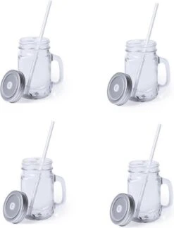 Merkloos 4x Stuks Glazen Mason Jar Drinkbekers - Zilvergrijze Dop En Rietje - 500 Ml