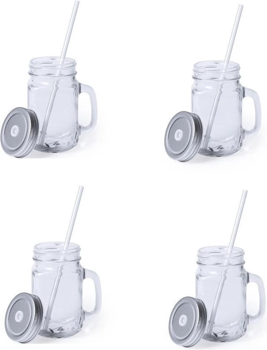 Merkloos 4x Stuks Glazen Mason Jar Drinkbekers - Zilvergrijze Dop En Rietje - 500 Ml 3 Merkloos 4x Stuks Glazen Mason Jar Drinkbekers - Zilvergrijze Dop En Rietje - 500 Ml