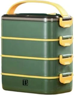 Buxibo - Multifunctionele Stapelbare Lunch Box - Bento Box - Lekvrije Voedsel Container Met Handvat - 4-Laags - Anti - Overflow - Geïsoleerde Maaltijd Box Voor Werk/Kantoor/School - Roestvrijstaal - Groen - 2800ML